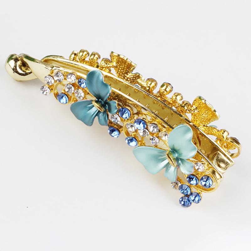 Women Elegant Crystal Diamond Hairpin Resin Butterfly Shaped Banana Hair Clip Claw Ponytail Holder Headwear Barrette