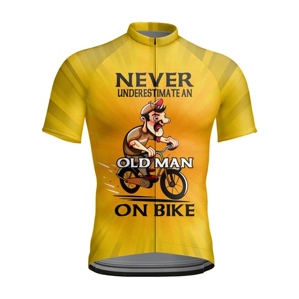 Herren Blaues Radtrikot mit Grafik "Unterschätze niemals einen alten Mann auf einem Fahrrad" - Kurzarm, Reißverschluss, Schnelltrocknend, Sonnenschützende Outdoor-Sportbekleidu