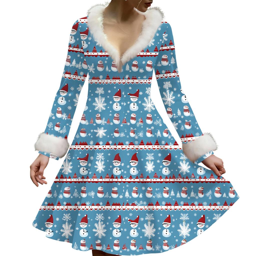 Women's Casual V-neck Christmas Print Plush Long-Sleeve Casual Dress