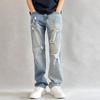 American Retro Ripped Jeans Men's Light Blue Straight and Thin Washed Casual Trousers Trendy High-end Trousers