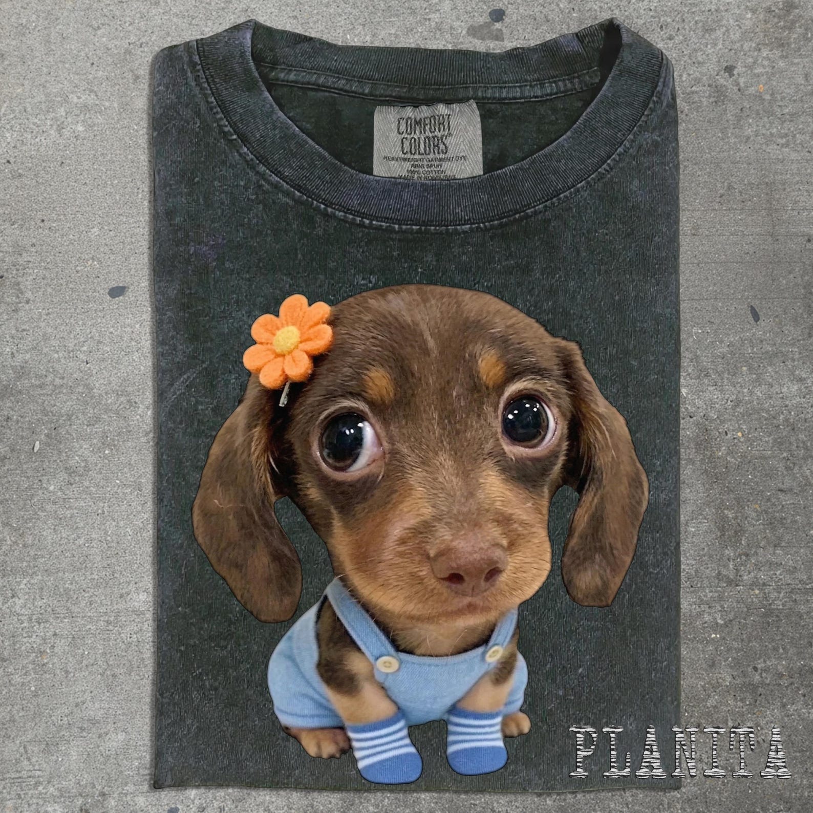 Dachshund Puppy with Flower T-shirt | Cute Cartoon Sausage Dog Tee S
