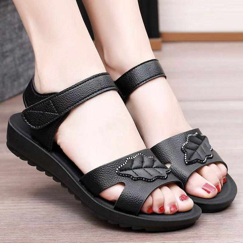 Middle Aged And Elderly Velcro Flat Sole Sandals Thick Sole Non Slip Summer New Open Toe Lightweight Breathable Leather Sandals