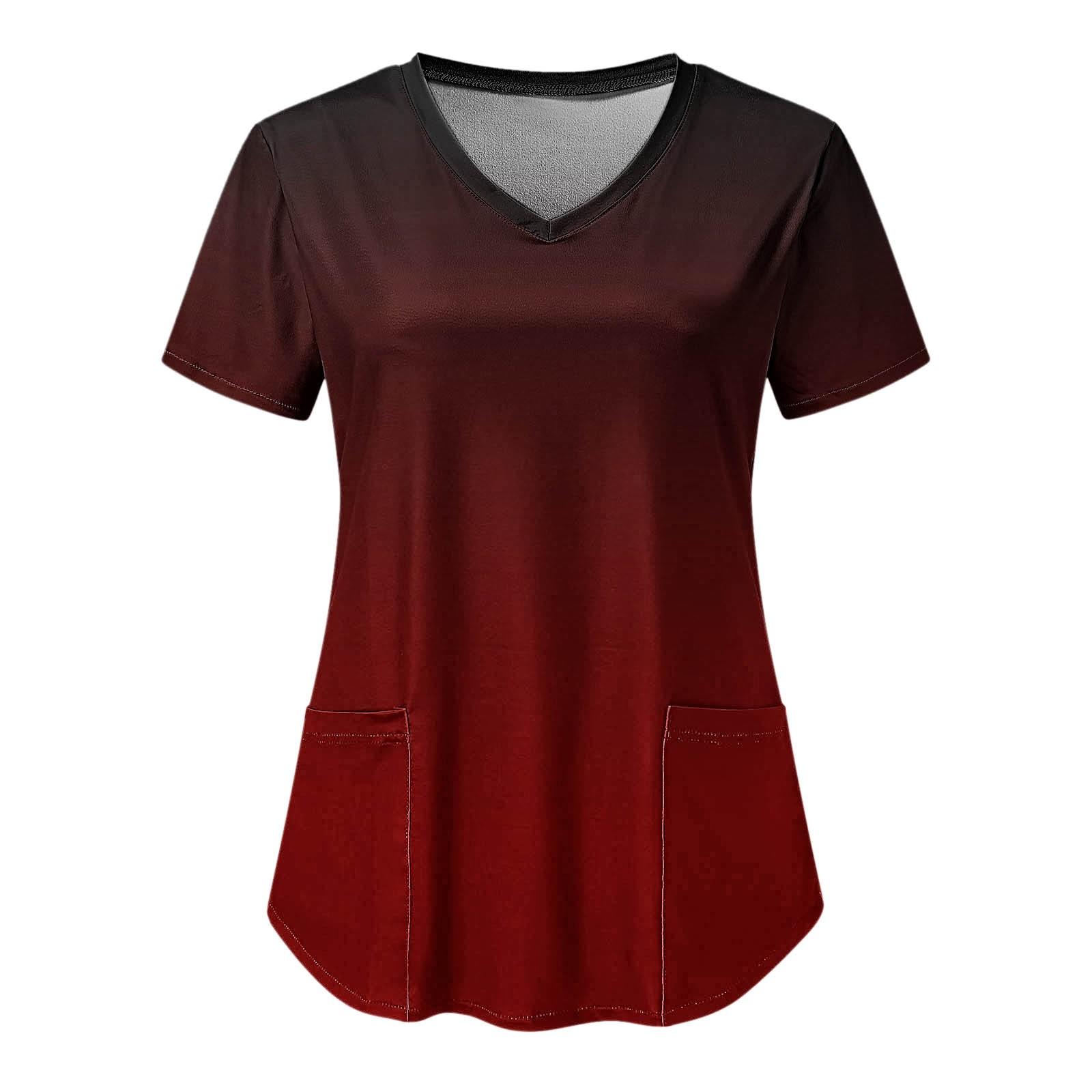 

Women Short Sleeve V Neck Tie- Pattern Tops Working Uniform T-shirts M винный
