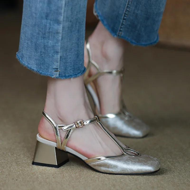 Fashion 2024 New Summer Women's Square Toe Thick Heel Sandals Fashionable Hollow High Heels Buckle Square Toe Comfortable Women's Shoes