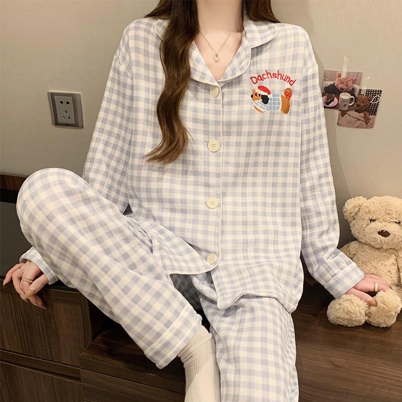 Dackel-Pyjama Herbst und Winter Damen Warm Süß Kariert Luftbaumwolle Lässig Trend Cartoon Loungewear Set