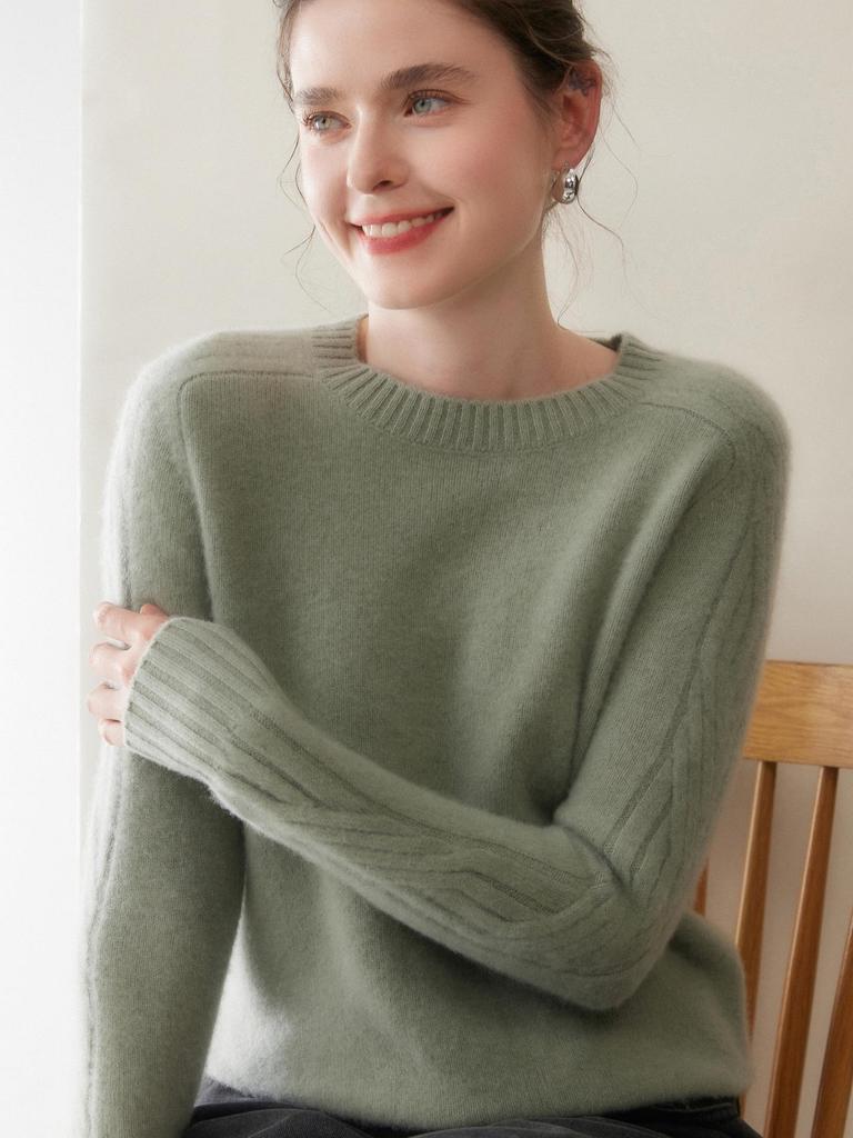 Women's Cashmere Sweater: Thickened Goat Cashmere, Round Neck, Loose Fit, Lace Sleeves, Saddle Shoulder - Autumn/Winter Style
