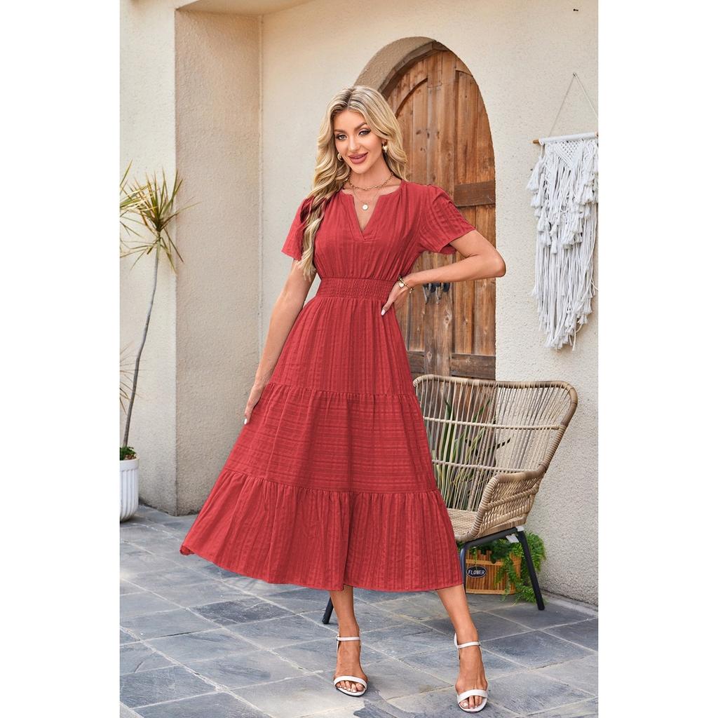 Women's V Neck Short Sleeve Maxi Dress Loose Fit Mid Waist Elegant Casual Cotton Tiered Long Dress
