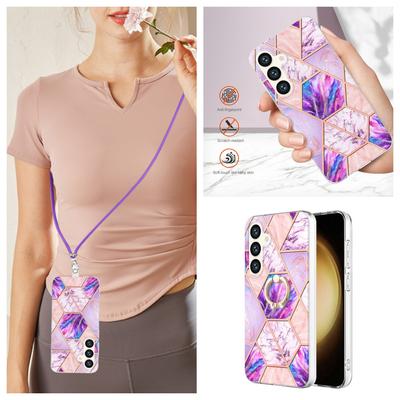 Pink Purple Splicing Marble Detachable Buckle Lanyard or Anti Fall Ring or Smooth Design Case for Samsung iPhone Xiaomi Redmi Oppo Nokia Moto...
