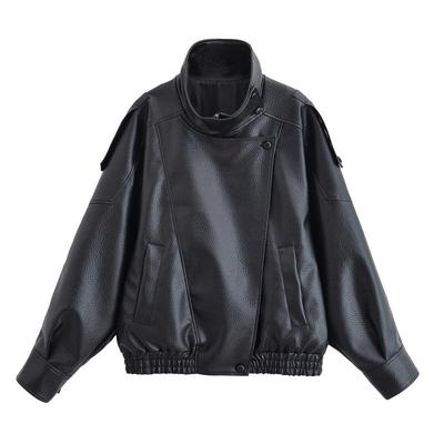 Women's Faux Leather Jacket with Lychee Pattern - Trendy European & American Style Fashion Coat