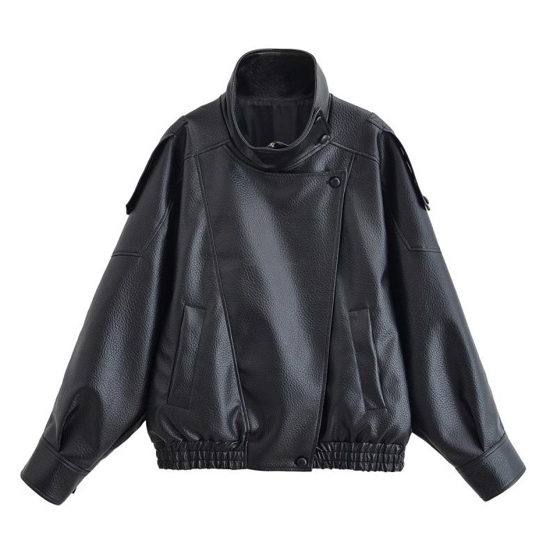 Women s Faux Leather Jacket with Lychee Pattern - Trendy European & American Style Fashion Coat Small чёрный