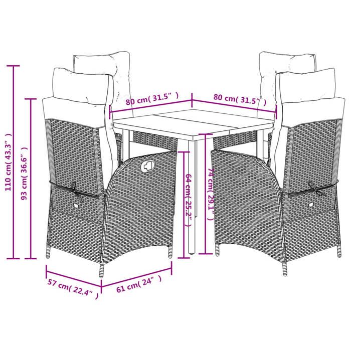 VidaXL Ensemble à Manger de Jardin avec Coussins 5 pcs, Table et Chaises avec Dossier Réglable, Meubles d'Extérieur, 3213400