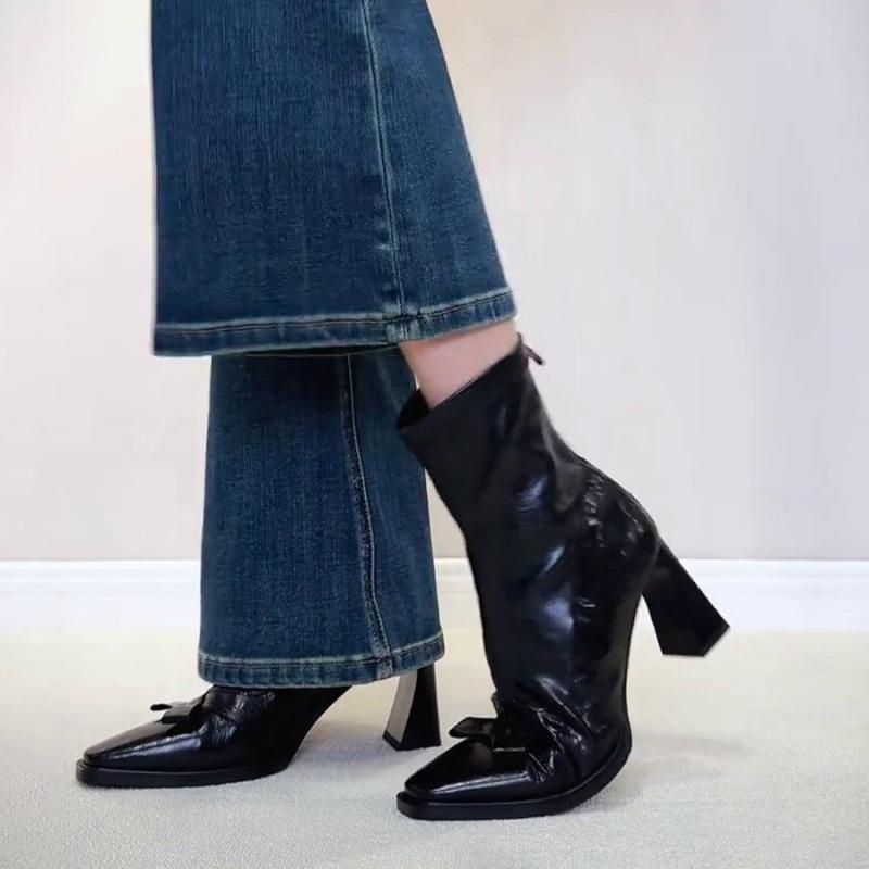 Sheepskin version~ retro bow high-heeled boots small square head temperament thick heel short boots rear zipper elastic thin boots women