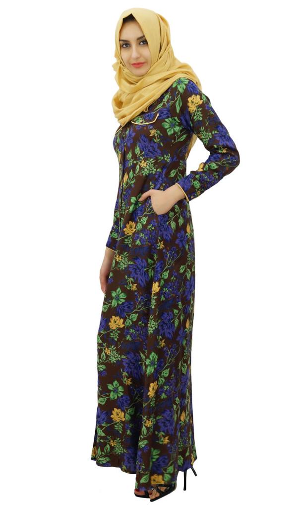 Bimba Womens Muslim Printed Jilbab Dress Designer Abaya With Pockets & Hijab