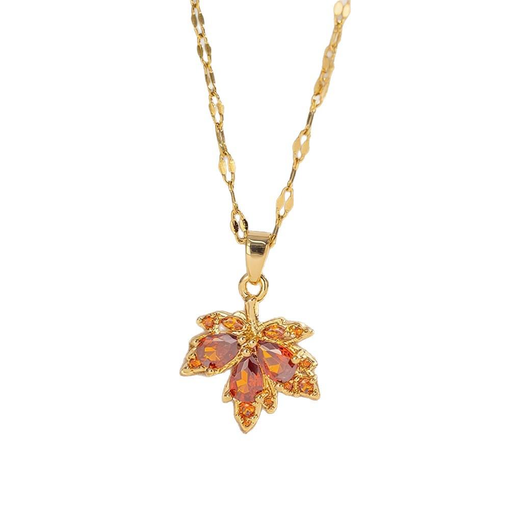 Personalized Diamond‑Inlaid Maple‑Leaf Titanium‑Steel Women Necklace, Ins‑Style Light‑Luxury Versatile High‑End Collarbone Chain Jewelry