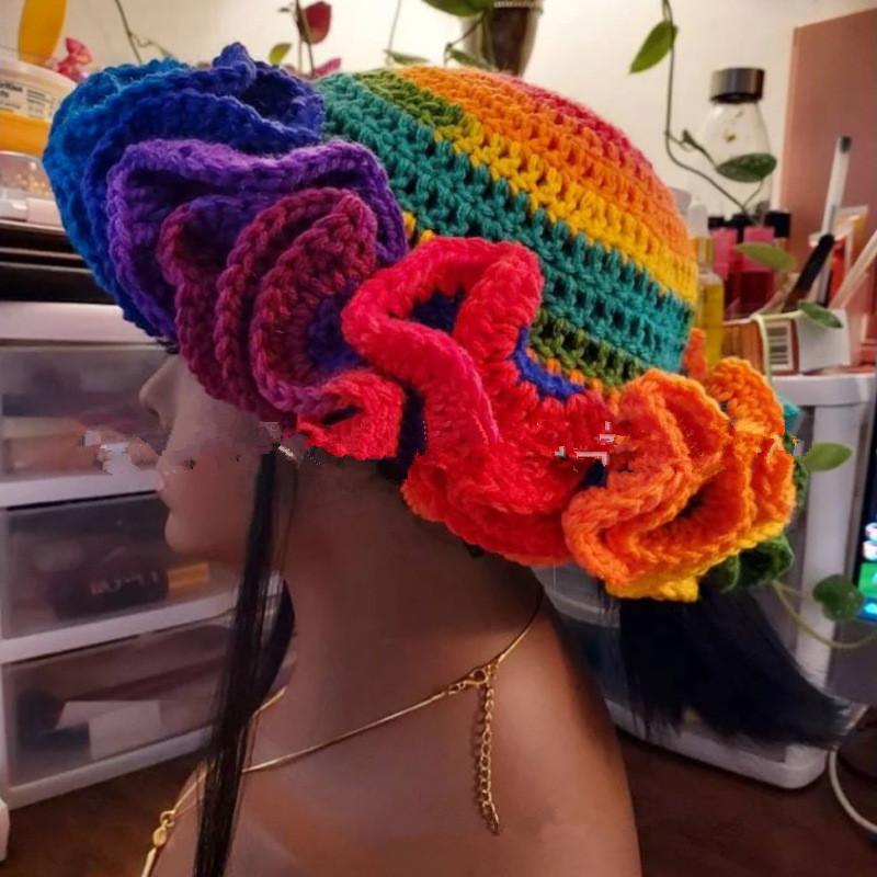 NEW Women Crochet Bucket Hats Y2k Fashion Pleated Ruffles Knitted Hat