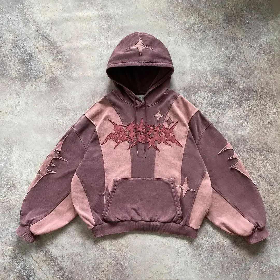 

RogueWave Fashion Уличная одежда Винтажный Худи пэчворк с черными звездами Оверсайз вышитый пуловер Толстовка Готика Y2k Мужская женская одежда L