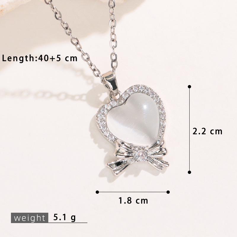 Korean Style Cat's Eye Heart Bow Pendant Necklace for Women