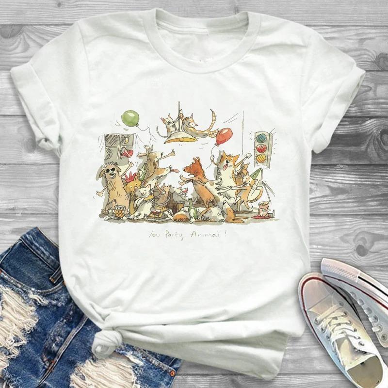 Lovely Style Pet Print T-Shirt Crew Neck Casual Short Sleeve T-Shirt Spring Summer Women's Clothing Fashion Simple Short Sleeve