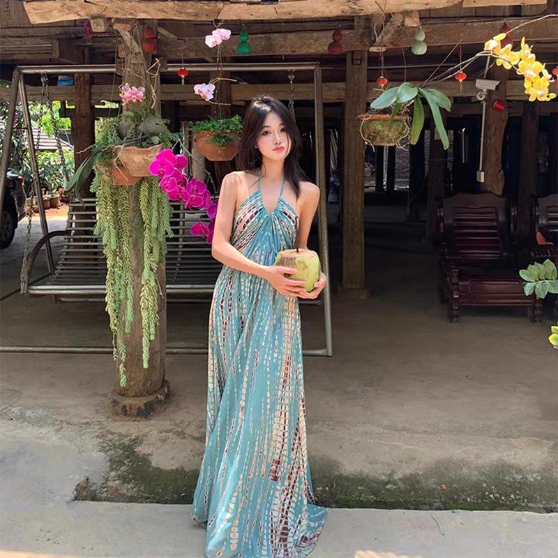 

Xishuangbanna Thai retro bohemian neck sling dress female sexy backless seaside vacation dress S