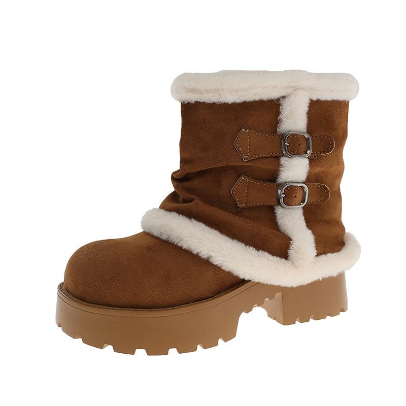 Thick-soled medium tube snow boots women's 2025 new winter fur integrated fleece Altay warm wool cotton shoes