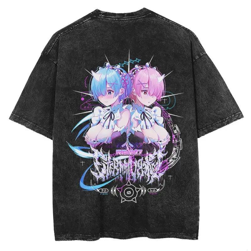 ре:Жизнь с нуля в другом мире Рам и Субару Сцена из Манги Винтажная Стирка Оверсайз Черная Футболка | Фанату Исекай Аниме Унисекс Уличная Одежда Футболка L