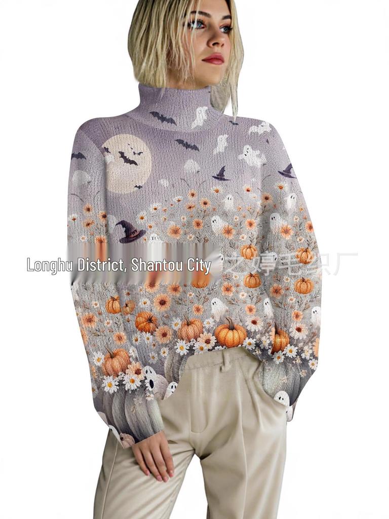 HJX-GL1 Halloween Devil 3D Print High Neck Pullover Sweater - Long Sleeve, Loose Fit for Autumn/Winter