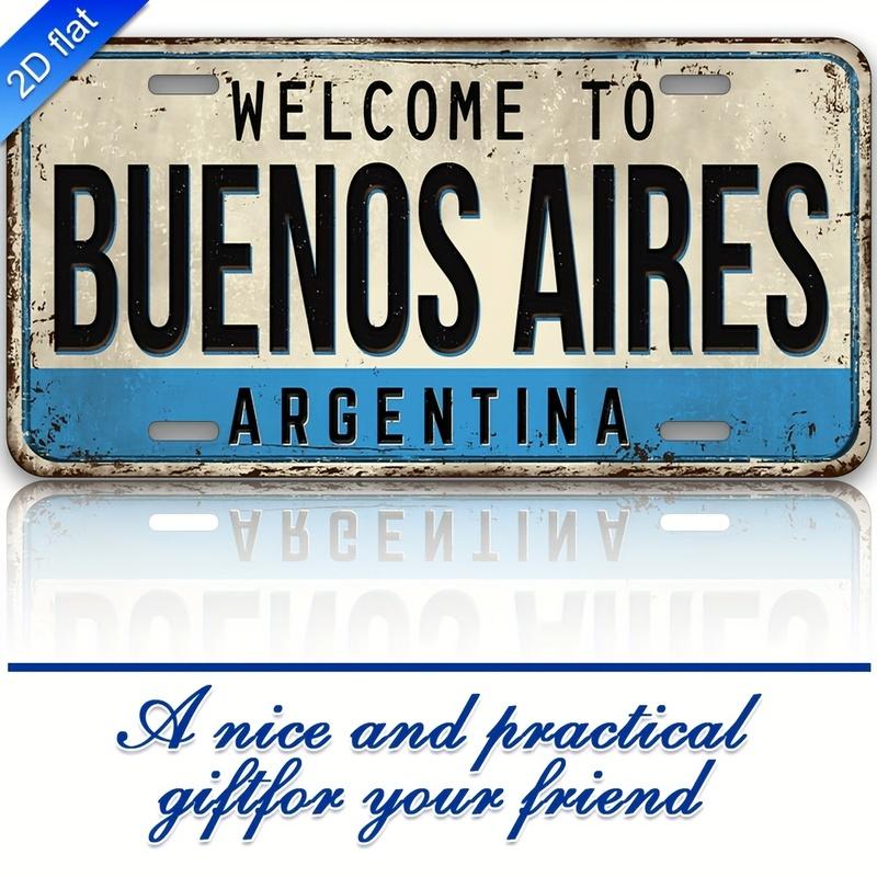 2D Flat, Vintage Buenos Aires Argentina License Plate Wall Art Aluminum Metal Sign - Argentine License Plate Number for Home