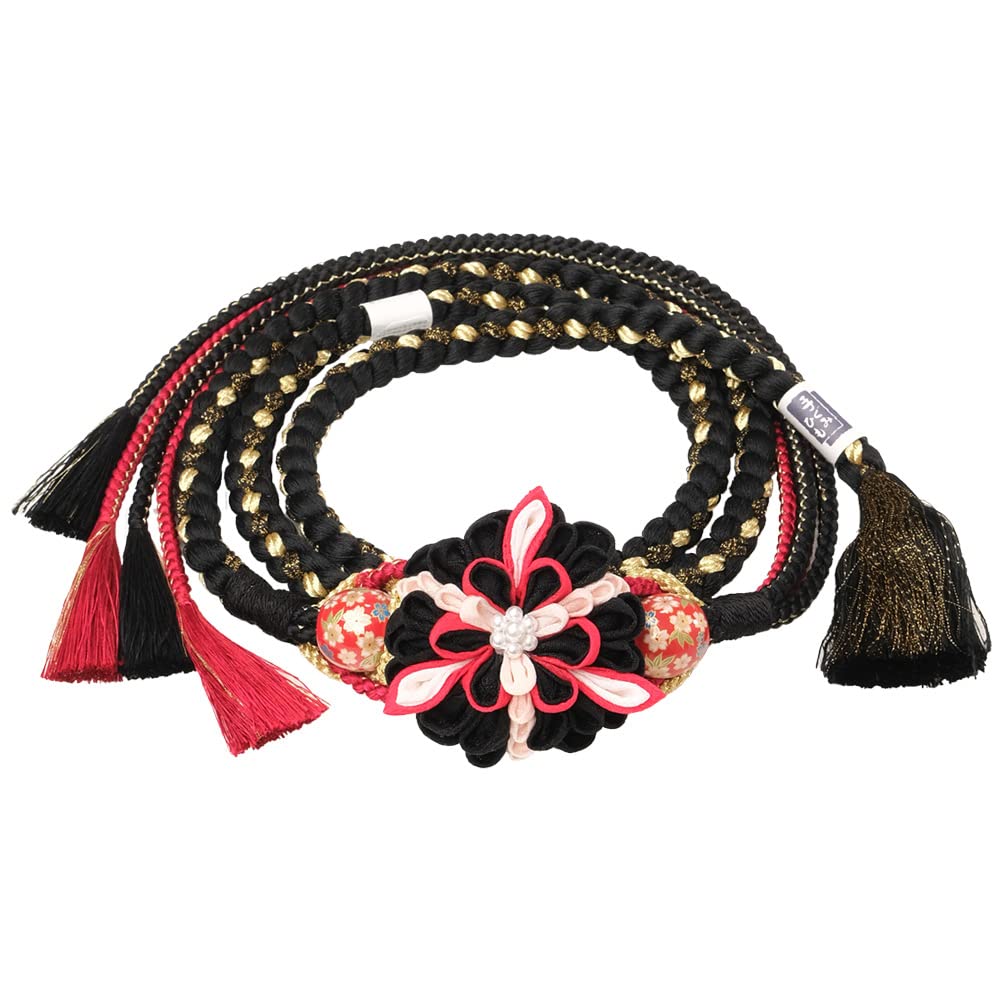 Obi-jime (kimono sash cord) for furisode (long-sleeved kimono), featuring plum, chrysanthemum, and tsumami shippo (seven treasures) patterns,