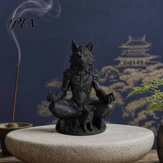 Meditation Figurine 3D Printed Gothic Werewolf Statue, Zen Beast Warrior Sculpture with Round Frosted Paint Statue Base, Matte Black Fantasy