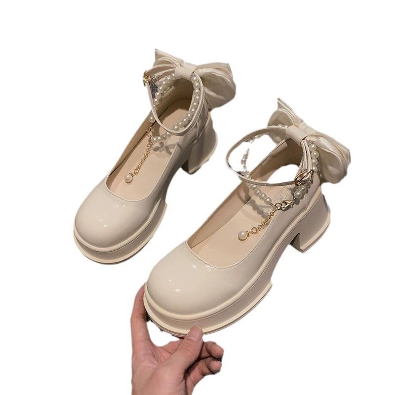 Sweet bow Mary Jane small leather shoes women's spring 2025 new thick-soled thick-heeled wedding shoes bridesmaid shoes