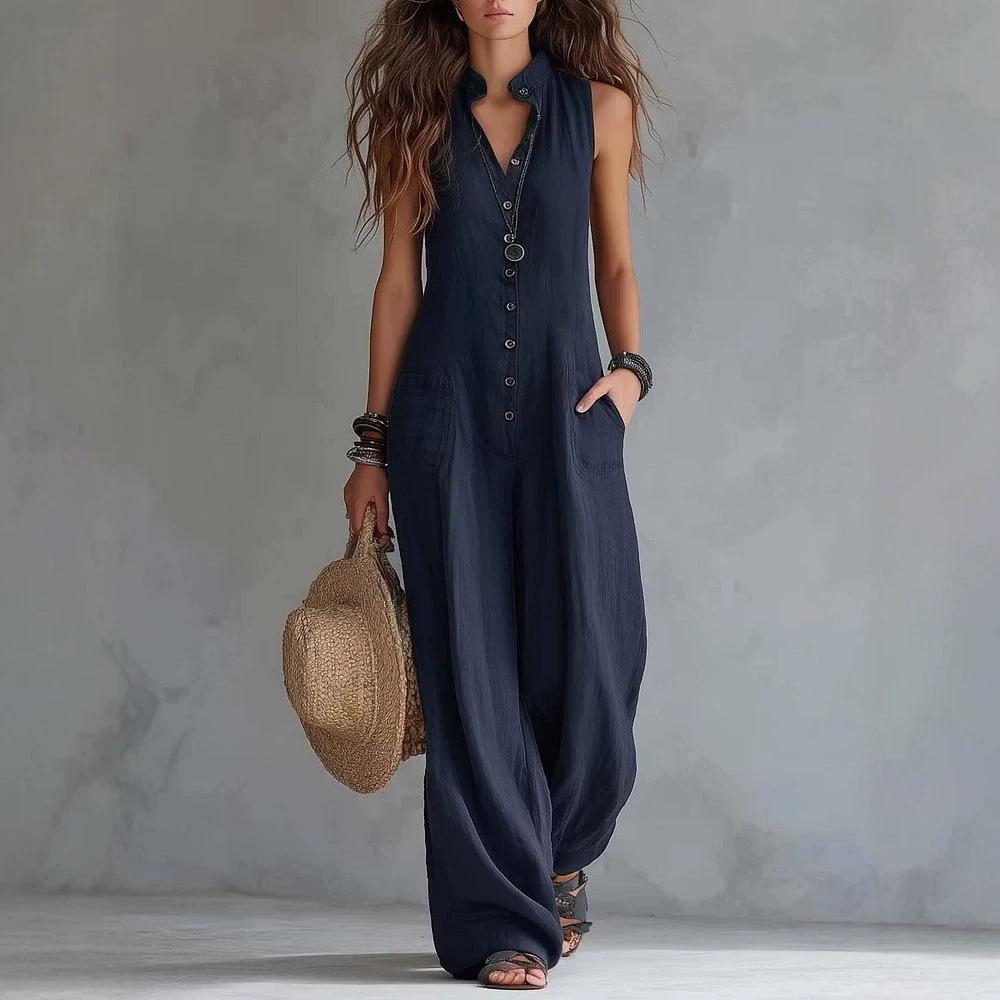 2026 Amazon Independent Site Bestseller Women's Casual Stand Collar Single-Breasted Sleeveless Textured Cotton-Linen Long Jumpsuit