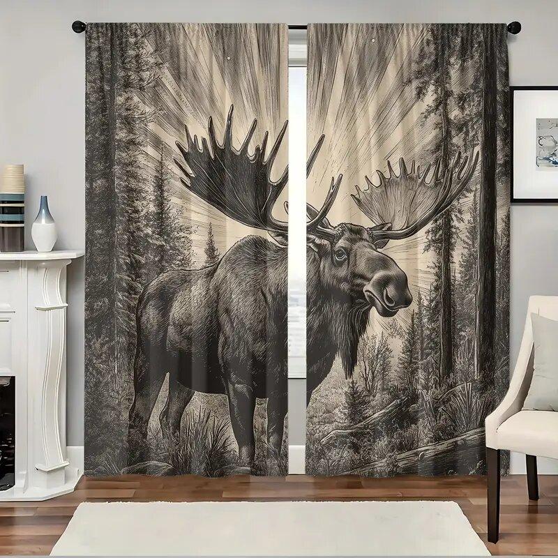 Retro Elk Print Curtains   Christmas Decorations   Bedroom and Living Room   Home Decoration   Room Decoration