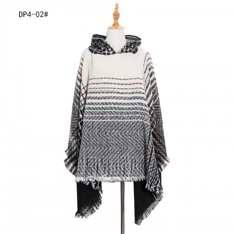 Womens Gradient Herringbone Circle Yarn Hooded Poncho Sweater Shawl Winter Fall Streetwear