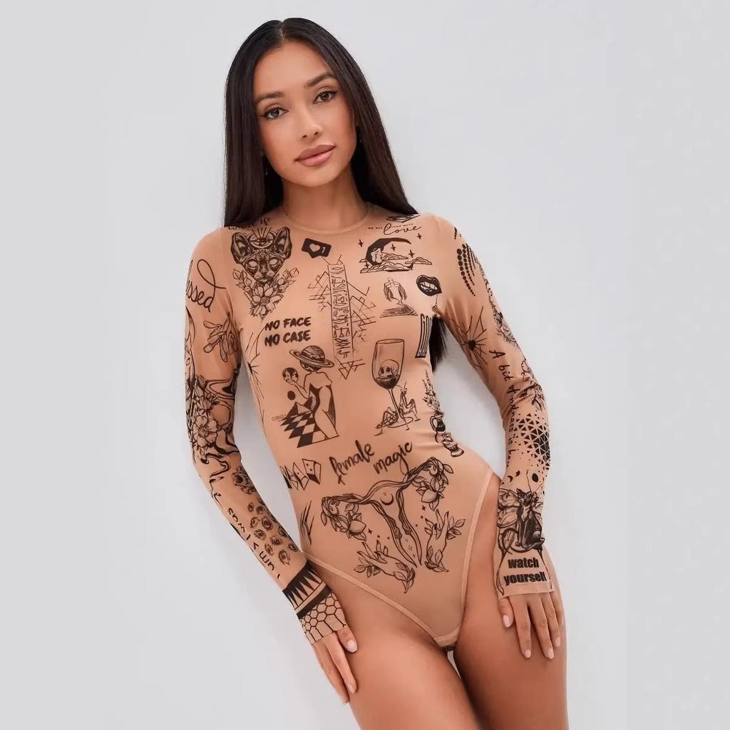 D9968 Amazon Europe and the United States Hot-selling Women's Clothing, Fashionable and Sexy Printing Long-sleeved Crew Neck Tight High-waisted Onesie
