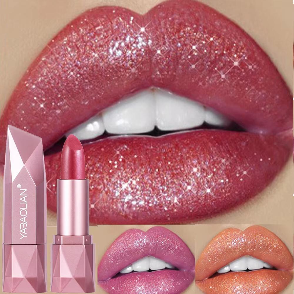 Pearlescent Rose Glitter Velvet Lipstick Waterproof Pearly Shine Matte Shimmer Diamond Lipstick Women Sexy Lips Makeup Cosmetic