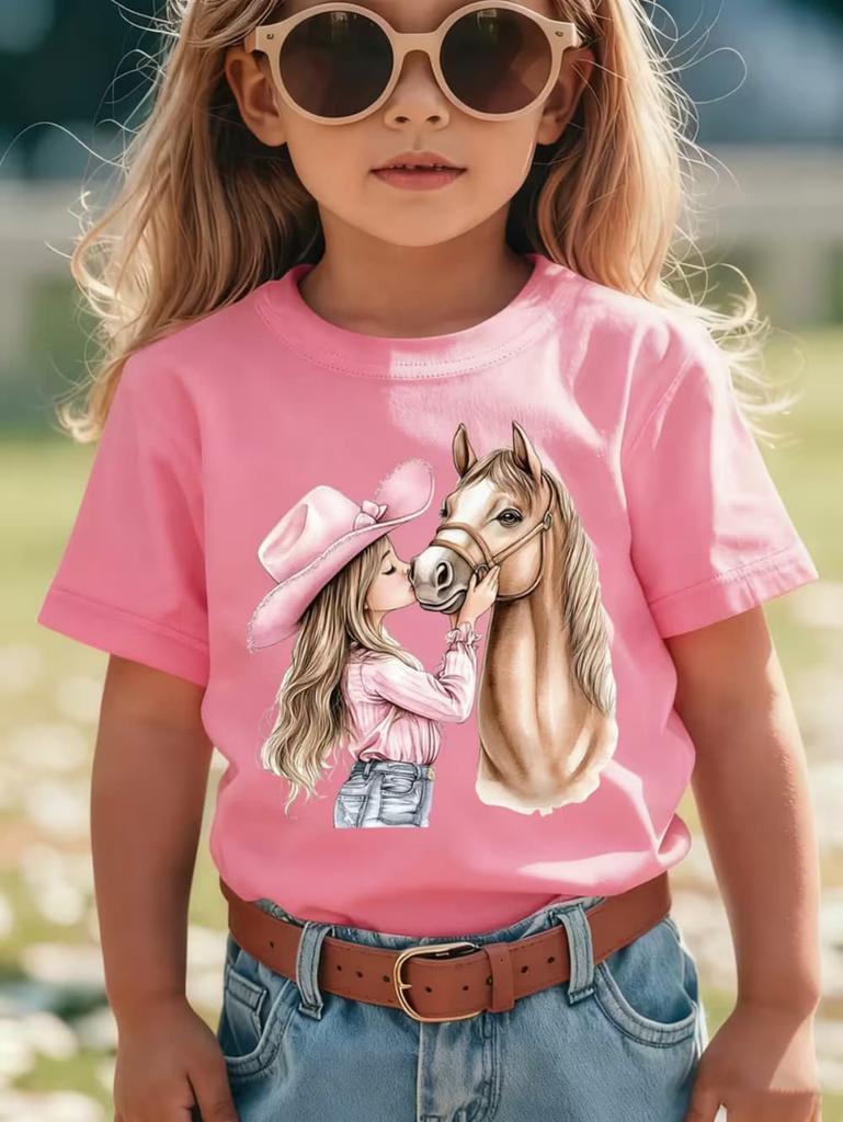 Vestiti per Bambina Ragazza Carina Baci Stampa Cavallo Estate Manica Corta Casual Larghi Top per Bambini T-Shirt per Ragazze da Esterno Abbigliamento per Bambini