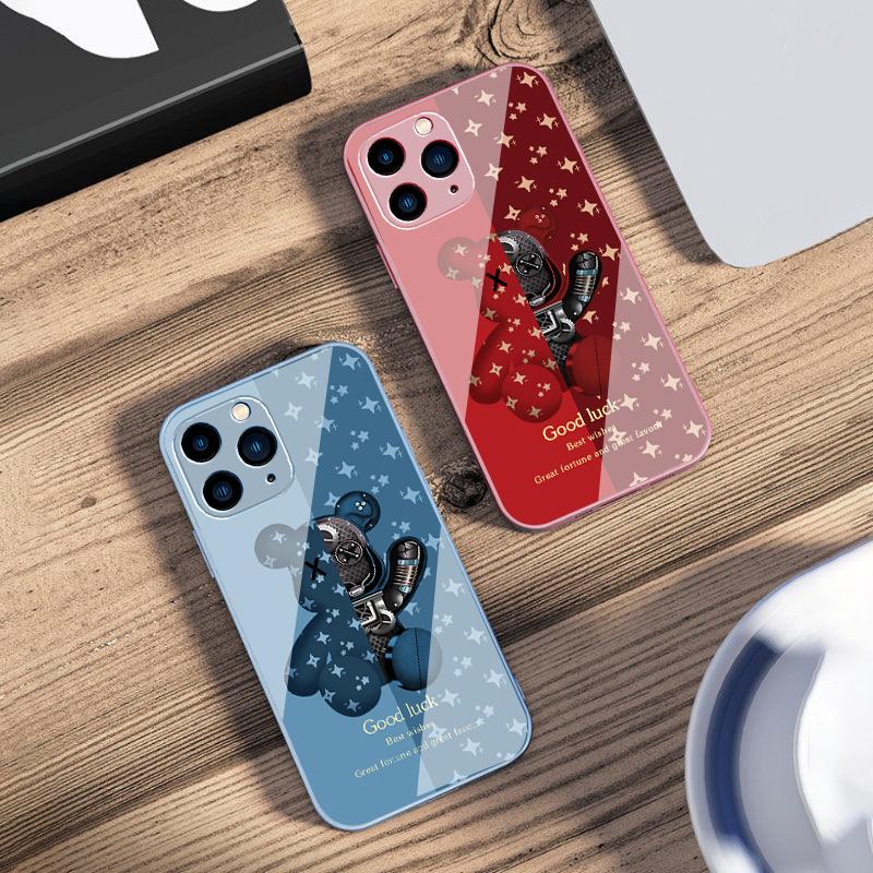 Brown Machine Bear For IPhone 16 Pro Max 15 Pro 14 13 12 Mini 11 XS Max XR 7 8 Plu SE 2022 Tempered Glass Phone Case
