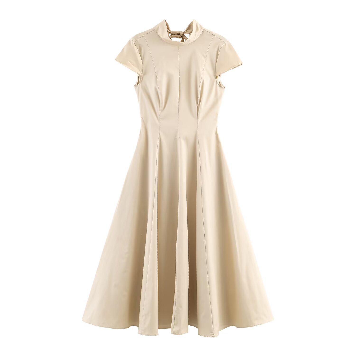 Spring 2026 New Women s European & American Style Mid-Length Loose Solid Color Short Sleeve Midi Dress Medium