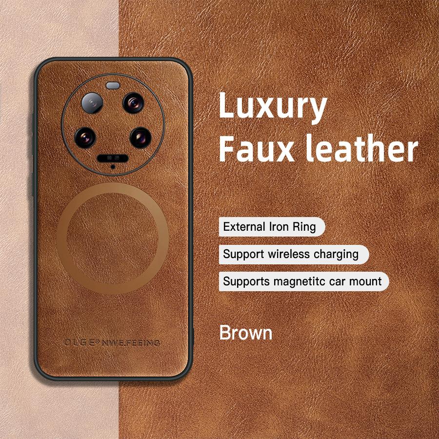 OLGE Luxury Leather Texture Case for Xiaomi 13 Ultra Mi 13 14 Pro Support Wireless Charging Magnetic Protective Cover Funda