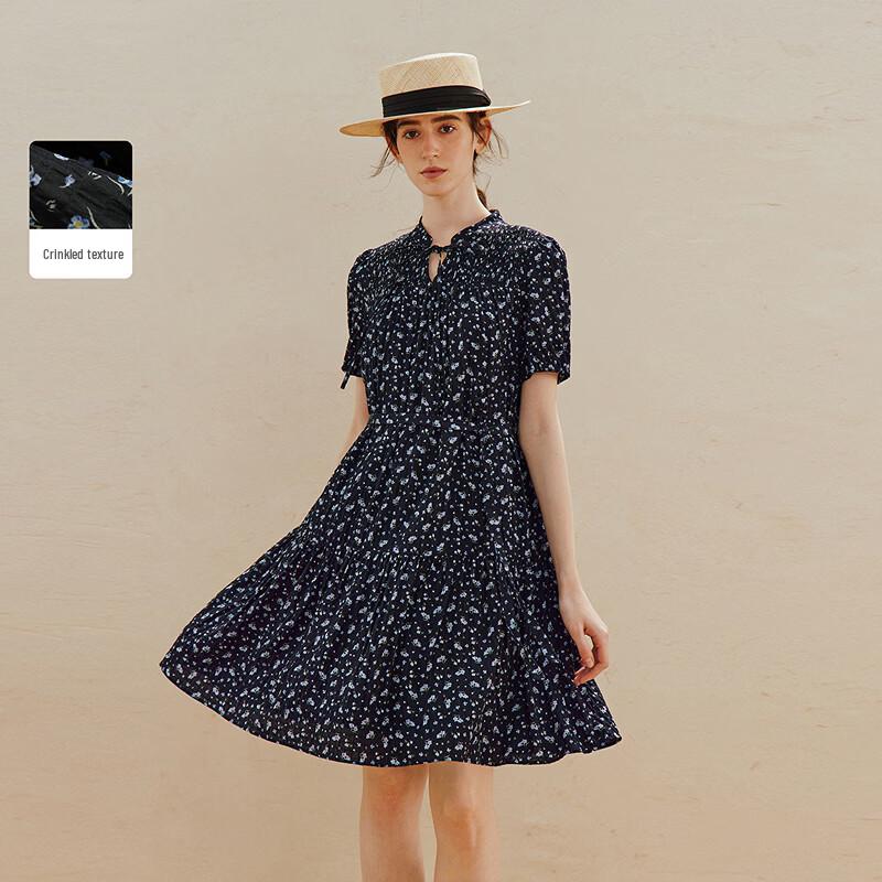 INMAN French Style Tie-Waist Floral Short Sleeve A-Line Dress M