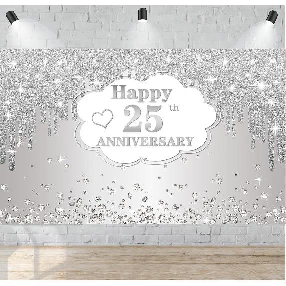 25th Wedding Anniversary Banner Decorations, Silver 25 th Wedding Anniversary Decorations Decor Poster Photography for Backdrop, Silver Happy 25