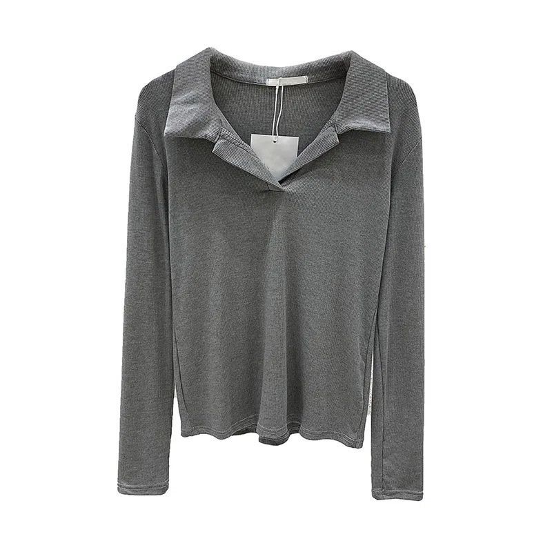 Women's Long-Sleeve Ribbed T-Shirt Autumn Winter Slim-Fit Polo Collar Base Shirt Knitted Pullover Top