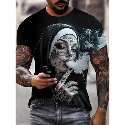 Camiseta Gráfica 3D para Hombre - Camiseta Casual Negra de Verano con Diseño de Monja Fumadora Mangas Cortas Mezcla de Poliéster Lavable a Máquina