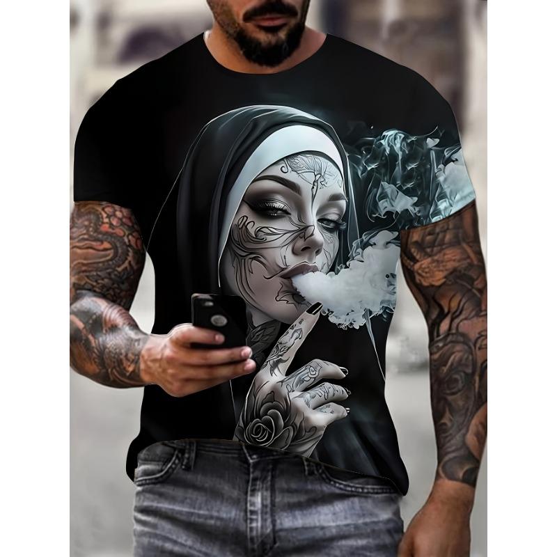 Men s 3D Graphic T-Shirt - Black Casual Summer Tee with Smoking Nun Design Short Sleeves Polyester Blend Machine Washable S