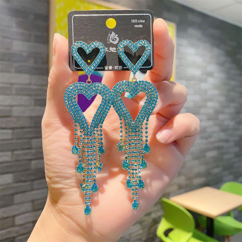 S925 Silver Needle Rhinestone Tassel Earrings - Exquisite Long Claw Chain with Colored Diamonds, European & American Style