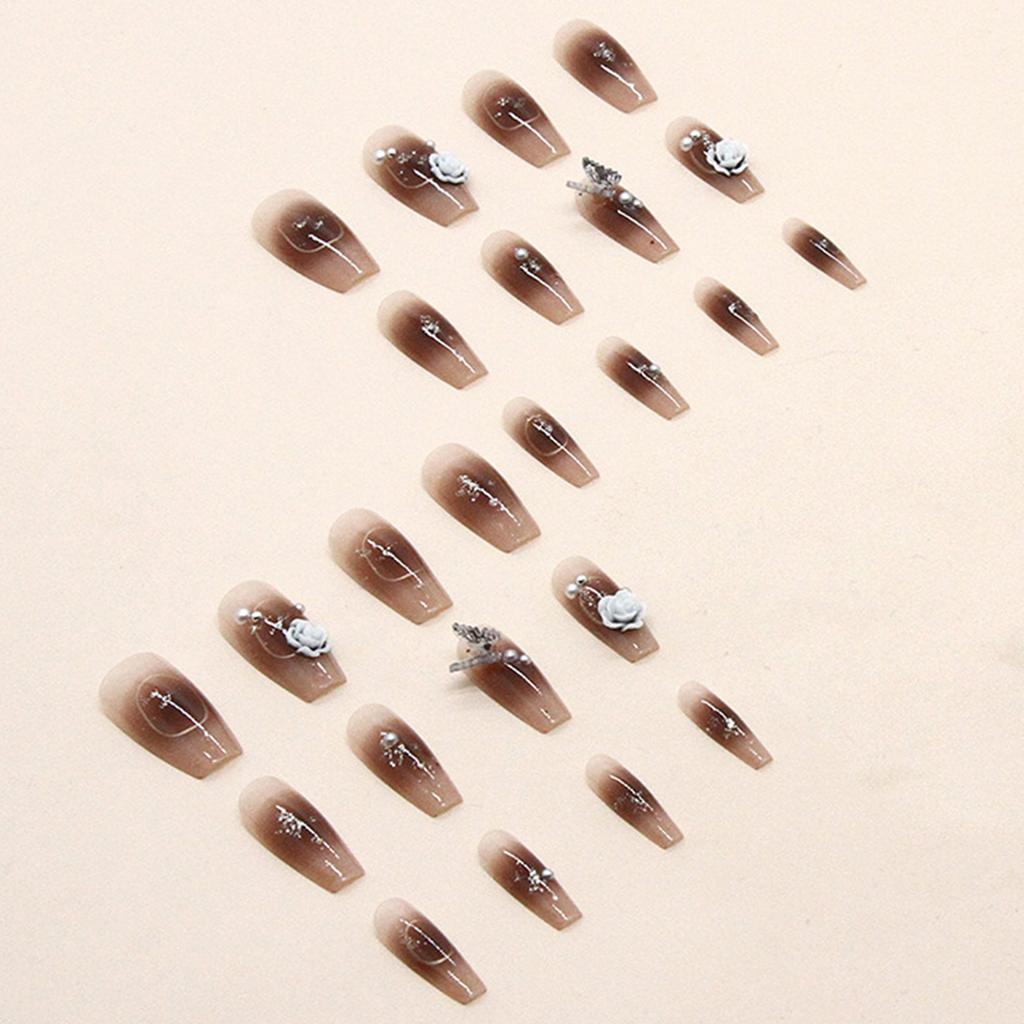 Brown Smudging False Nails with 3D Rose Setting Ultra-flexible Long Lasting Fake Nails for Manicure Lovers and Beauty Bloggers