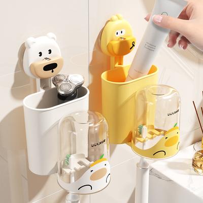 Cartoon Suction Cup Toothbrush Storage Rack, No Punching Wall Mounted Toothpaste Cup Holder, Bathroom Mouthwash Cup, Cute