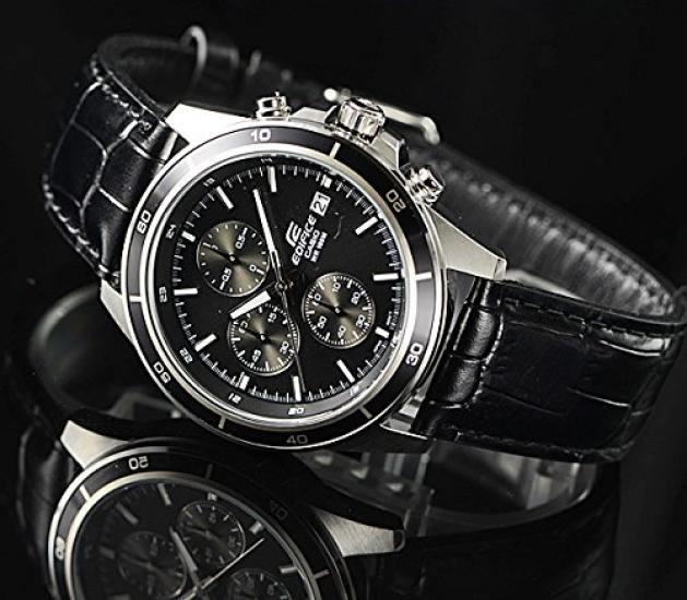 Casio Edifice Chronograph Watch EFR-526L-1AV Men's Black Stainless Steel Leather Strap 42mm 100m