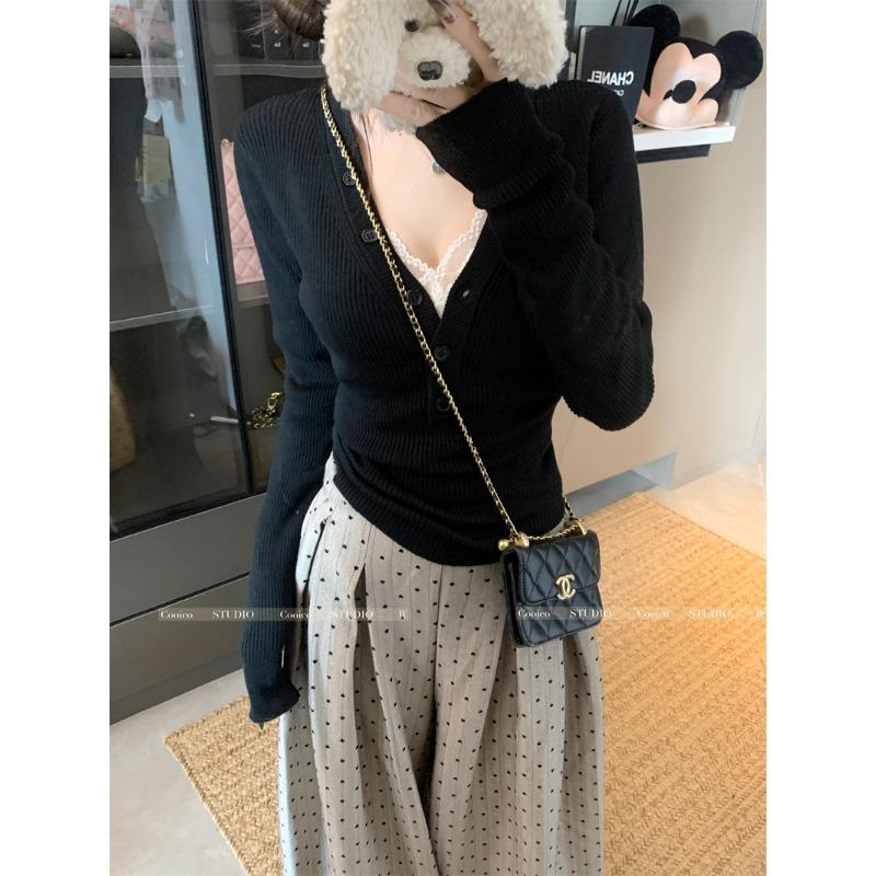 

Поставка воротник рубашка на пуговицах женская весна, осень и зима вязаный топ в рубчик простой внутренний свитер L чёрный