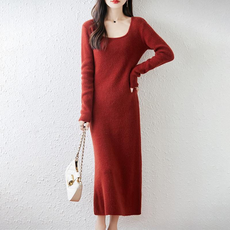 Women Sweater Dress 100% Wool MODERN NEW SAGA U-neck Knit Long Pullover Winter Jumpers Wool Long Dress Female